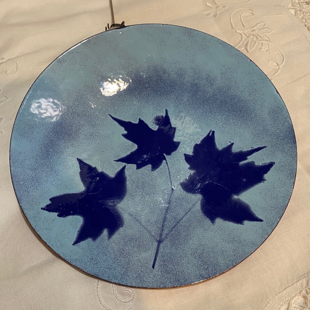 MCM Hammered Copper & Enamel blue leaves Artisan Made Plate Collectable Rare